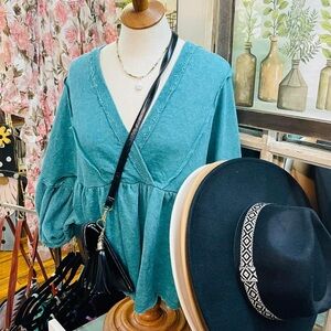 Teal French Terry Distressed Wrap Top by Blue Buttercup Size M